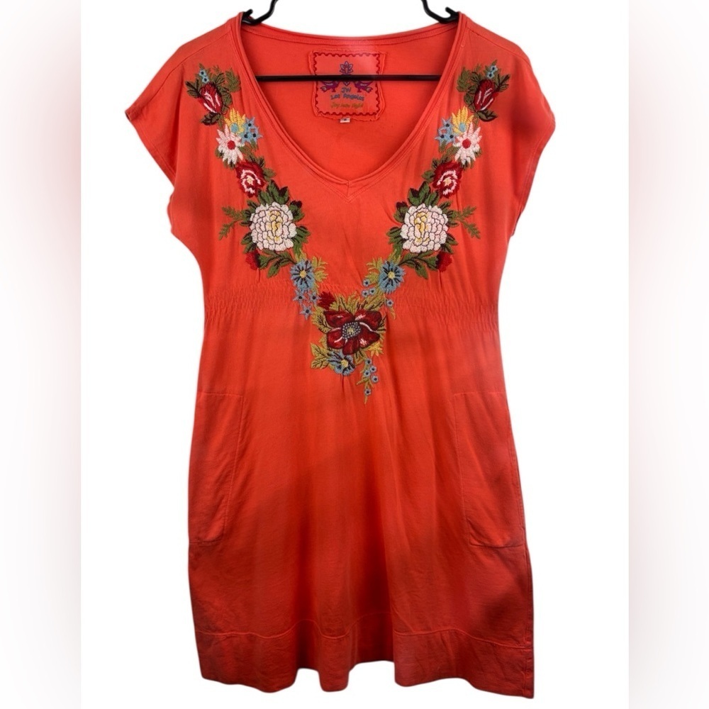 Johnny Was Embroidered Soft Orange Tunic Dress Size S Pockets V-neck Floral - Picture 2 of 13